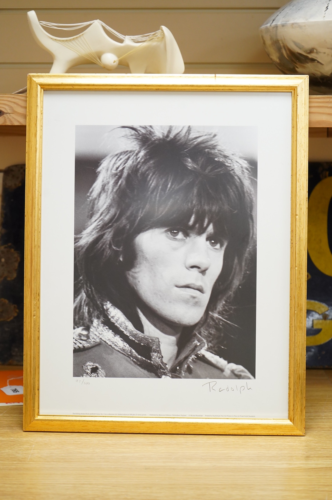 Rolling Stones interest; a limited edition lithograph of Keith Richards from a photograph by Michael Randolph, taken in 1968, printed in 1999, signed in pencil by the photographer and limited 97/500, printed by Dayfold P